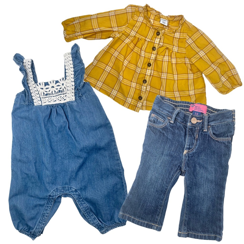Baby Girls Old Navy Bundle, 3-6 Months Jumpsuit, Blouse Jeans 3 Pieces